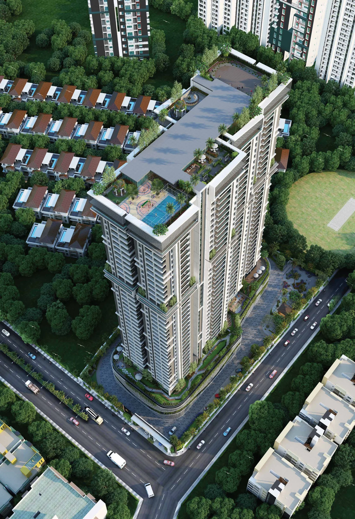 Terrace 35 seen from above, showing the single tower and its landscaped podium